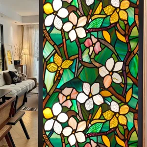 Decorative stained glass window film with colorful floral pattern for home decor.