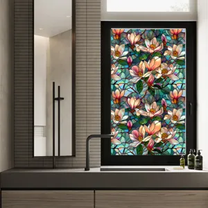 Stained glass window film with colorful magnolia flower design, static cling privacy film.