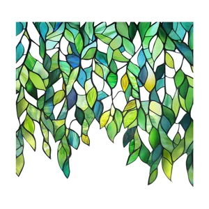 Stained glass window film detail, green leaves plant pattern, privacy glass sticker.