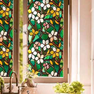 Stained glass window film with floral botanical pattern, static cling privacy decorative glass sticker.