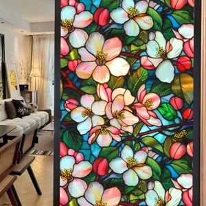 Colorful floral stained glass window film detail, static cling privacy glass sticker for home decor.