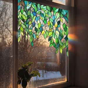 Detailed view of green leaf stained glass window film, decorative privacy glass sticker.
