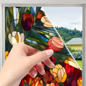 Colorful tulip stained glass static window film, decorative privacy sticker for home windows.
