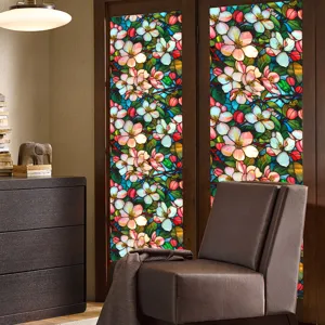 Decorative stained glass window film with vibrant floral pattern for privacy and UV protection.
