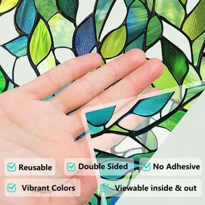 Stained glass window film green plant privacy sticker reusable static cling for home decor