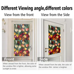 Stained glass window film with colorful tulip floral pattern, static cling privacy film.