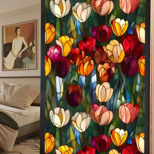 Stained glass window film with vibrant tulip floral pattern, self-adhesive privacy film detail.