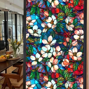 Detailed view of stained glass window film, colorful floral pattern, UV blocking privacy sticker.
