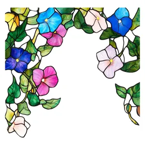 Stained glass window film detail showing vibrant floral and green leaf decorative pattern design.