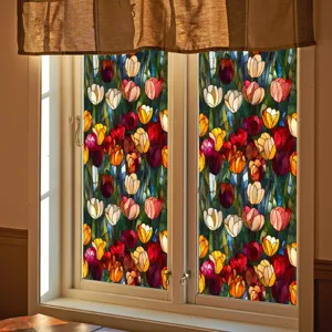 Stained glass window film with colorful tulip floral pattern, static cling privacy film.