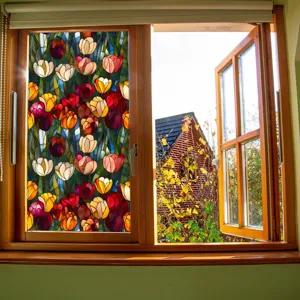 Decorative stained glass window film with colorful tulip flower pattern for home decor.