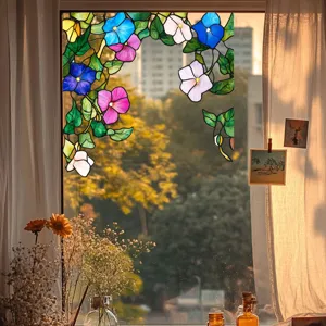 Static cling floral stained glass window film detail showing colorful plant vine design.