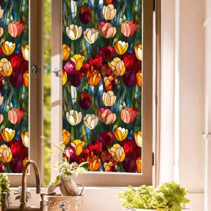 Stained glass window film with colorful tulip floral pattern, static cling privacy home decor.