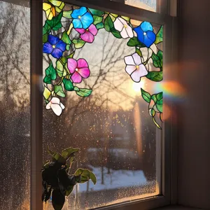 Stained glass window film detail showing colorful morning glory floral pattern and light refraction.