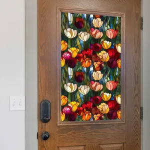 Stained glass window film with colorful tulip flower pattern for door home decoration.