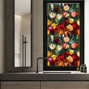 Stained Glass Window Film Tulip Floral Static Cling Decorative Privacy Glass Sticker
