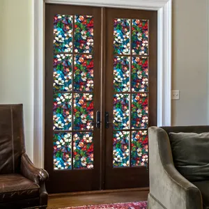 Decorative stained glass window film, colorful floral privacy static cling sticker for door.