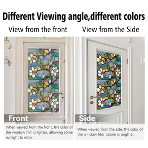 Stained glass window film with floral pattern, static cling sticker for home door decoration.