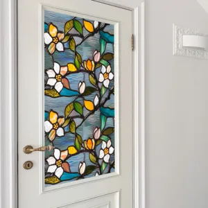 Decorative stained glass window film with colorful floral pattern for home door and glass privacy.