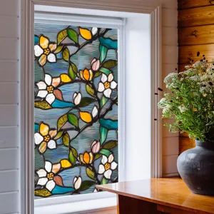 Stained glass static window film featuring elegant floral pattern for home privacy decoration.