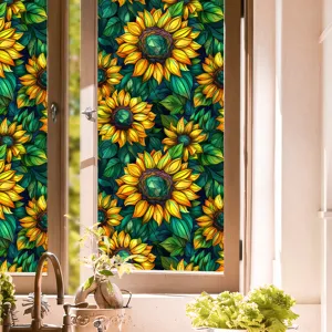 Sunflower stained glass window film detail, colorful floral pattern and light filtering effect.