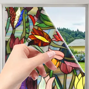 Stained glass window film with colorful tulip flower pattern, static cling decorative film.