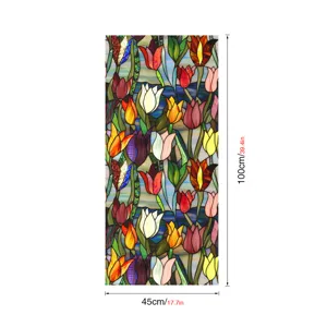 Stained glass window film with colorful tulip floral pattern, static cling privacy sticker.