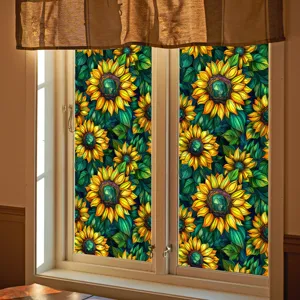 Detailed view of colorful sunflower stained glass window privacy film applied on glass.