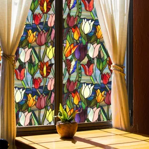 Stained glass window film with colorful tulip floral pattern for home decor and privacy.