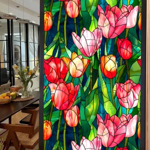 Stained glass window film colorful tulip static cling privacy decorative home glass sticker