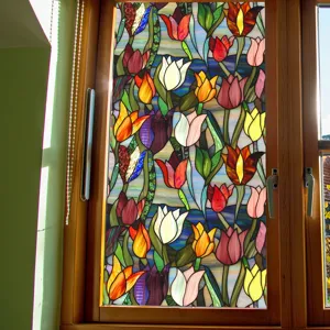 Stained glass window film with colorful tulip floral pattern for home privacy and glass decoration.