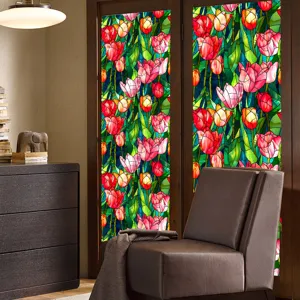 Tulip stained glass window film scene, decorative privacy static cling glass sticker for home.
