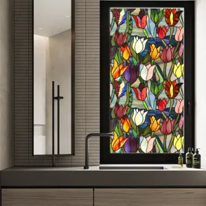 Stained glass window film detail, colorful tulip floral pattern, privacy glass sticker.