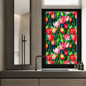 Stained glass tulip window film detail view, colorful static privacy glass sticker for bathroom.