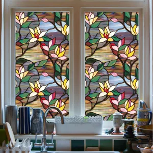 Stained glass window film with floral magnolia pattern, static cling privacy glass sticker for home.