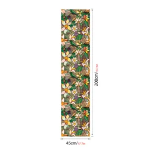 Stained glass window film detail featuring vibrant floral patterns and precise dimensions.