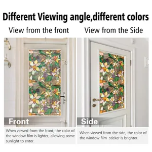 Stained glass floral window film detail showing different viewing angles and vibrant colors.