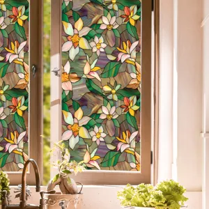 Decorative stained glass window film with colorful floral pattern for home privacy glass.