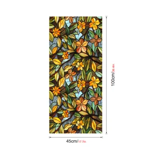 Stained glass window film with vibrant floral pattern, static cling privacy sticker for home decor.