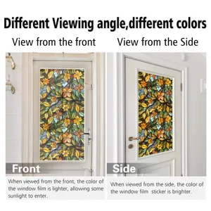 Detailed view of the colorful floral stained glass window film showing front and side color effects.