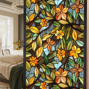 Decorative static cling window film with stained glass floral botanical pattern for home decor