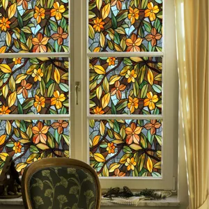 Decorative stained glass window film static cling floral privacy sticker for home window detail