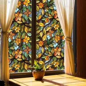 Close-up scene of stained glass window film featuring vibrant floral patterns and elegant light.