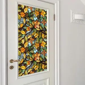 Stained glass window film floral pattern static cling for home and door decoration.