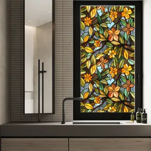Stained glass window film with colorful floral pattern, privacy decorative sticker for home.