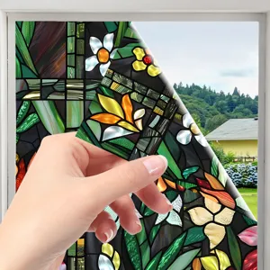 Stained glass window film with colorful floral pattern, static cling decorative glass sticker.