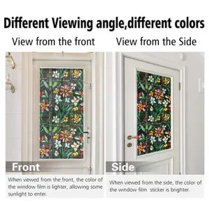 Stained glass window film with colorful floral pattern, static cling glass sticker for home.