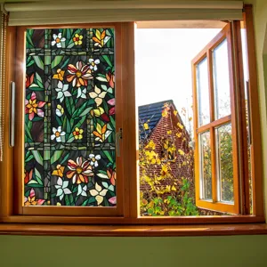 Stained glass window film colorful floral privacy static cling window sticker for home decor
