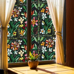 Stained glass window film with vibrant floral pattern, decorative static cling for home glass.