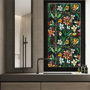 Stained glass window film with vibrant floral pattern, static cling privacy sticker for home.